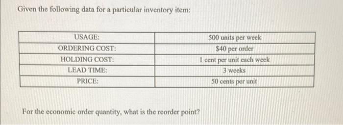 Given the following data for a particular