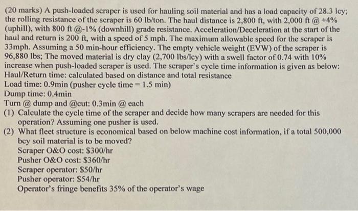(20 marks) A push-loaded scraper is used for