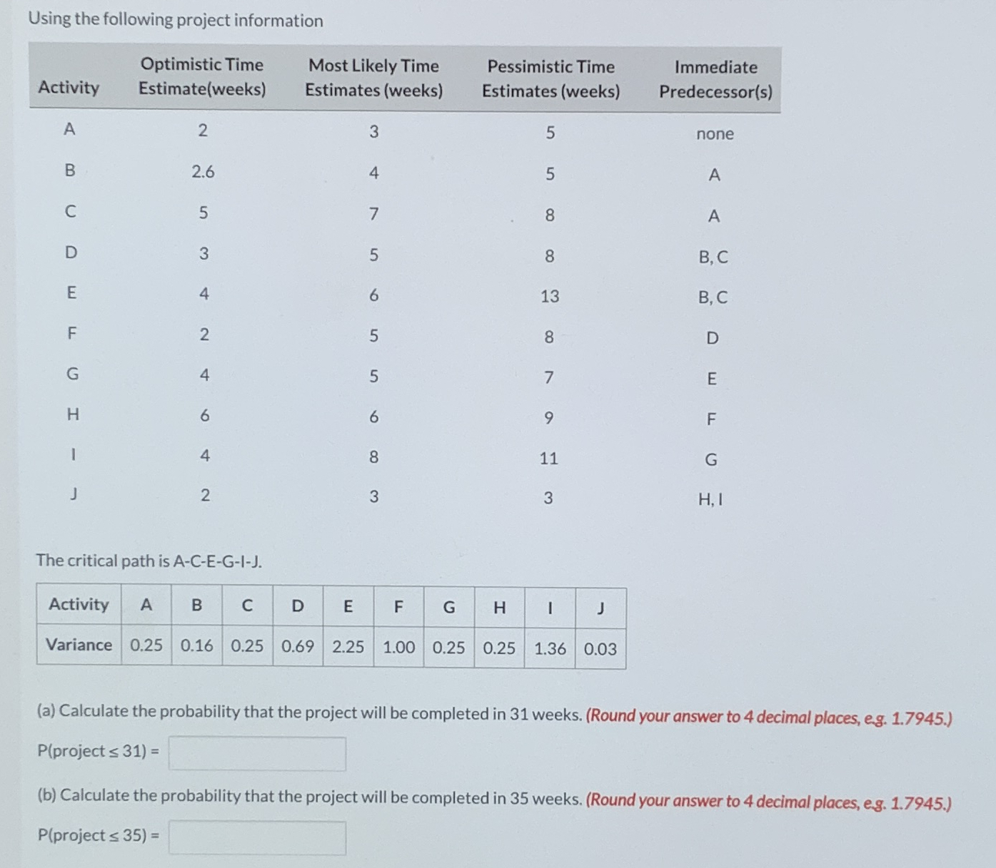 Using the following project information \ table [
