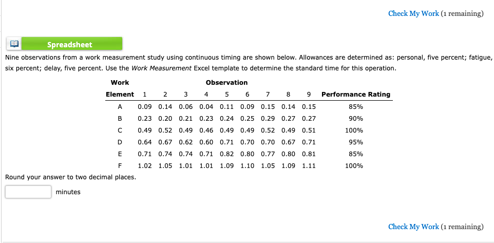 Check My Work (1 remaining) E B Spreadsheet Nine