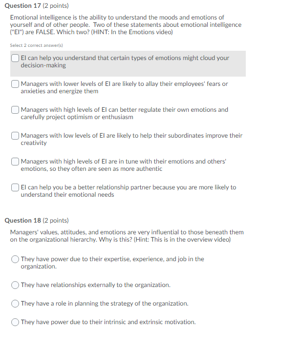 Question 17 (2 points) Emotional intelligence is