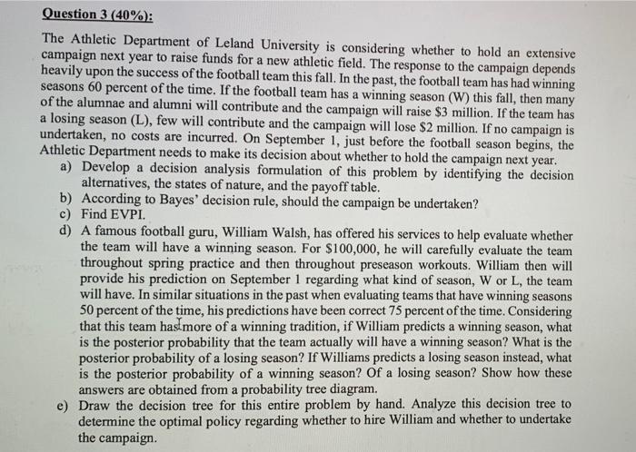 Question 3 (40%): The Athletic Department of