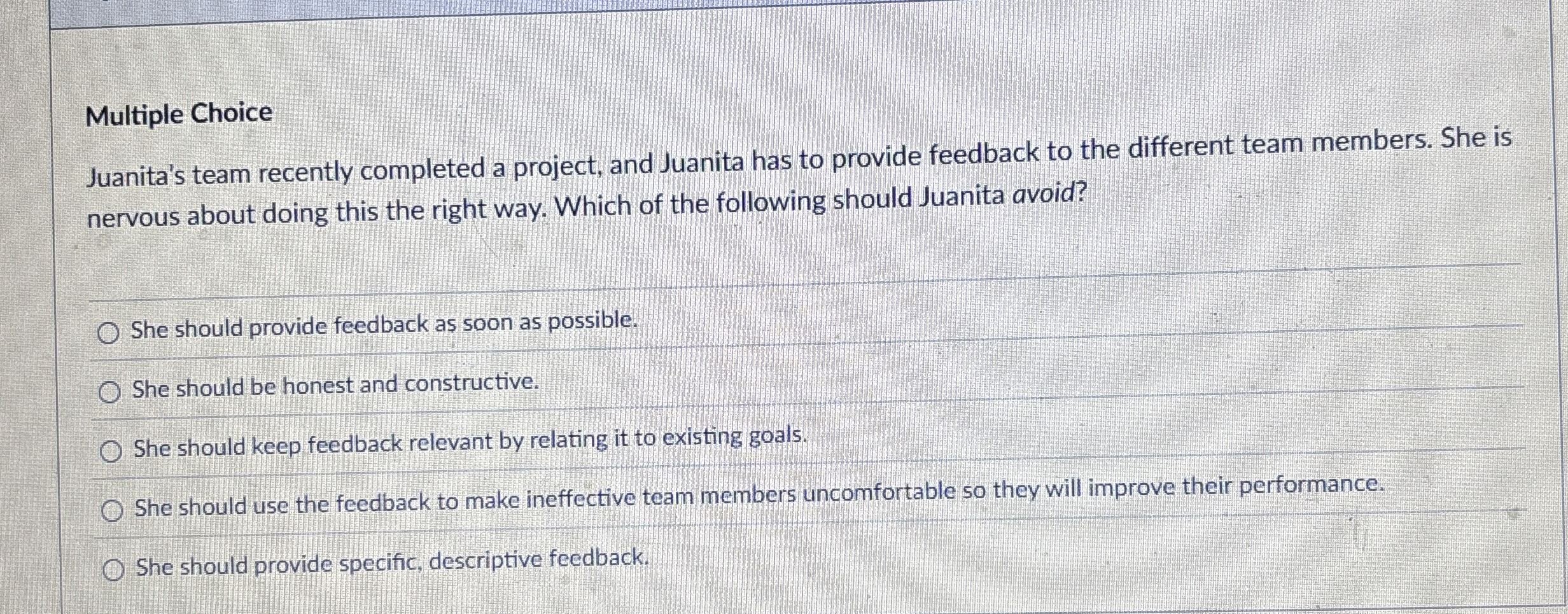 Multiple Choice Juanita's team recently completed