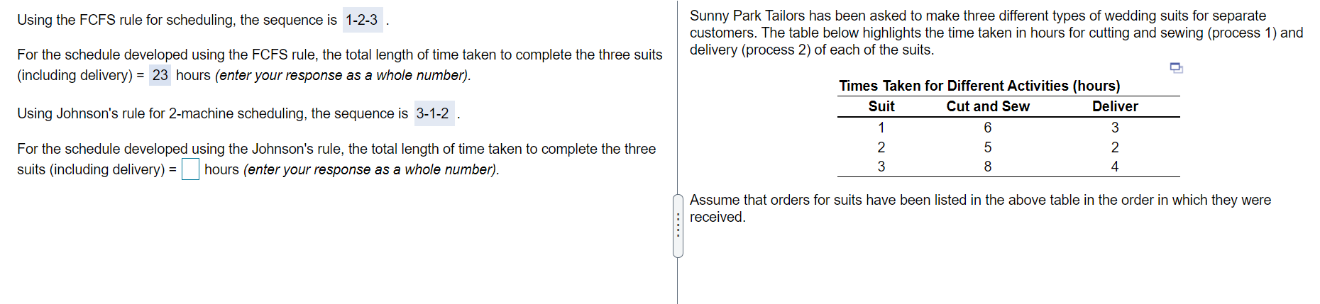 Using the FCFS rule for scheduling, the sequence