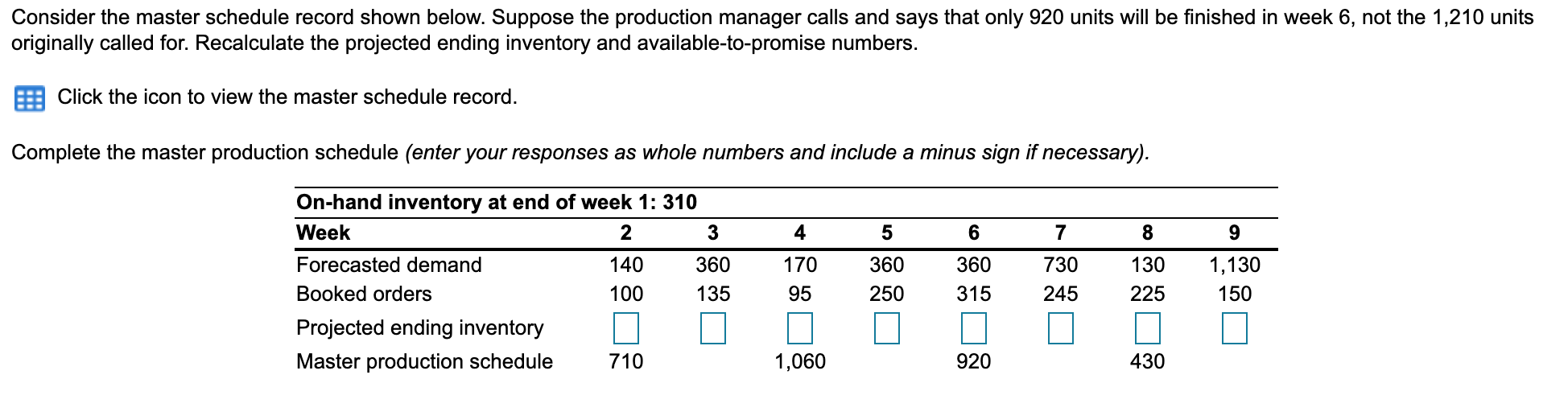 Consider the master schedule record shown below.