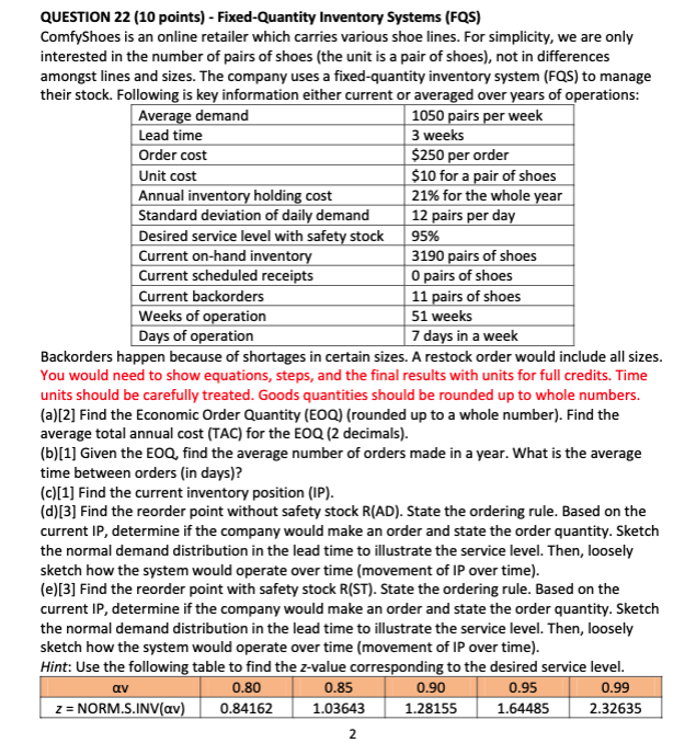 95% QUESTION 22 (10 points) - Fixed-Quantity
