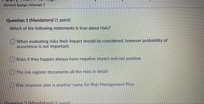Richard Spargo: Attempt 1 Question 1 (Mandatory)