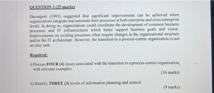 QUESTION 1 (25 marks) Davenport (1993) suggested
