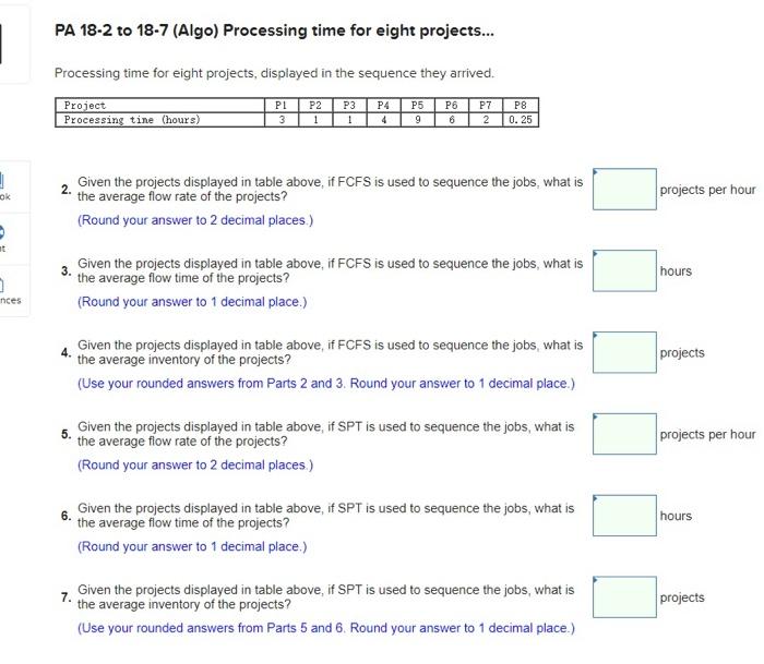 PA 18-2 to 18-7 (Algo) Processing time for eight