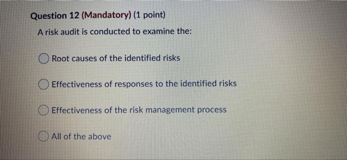 Question 12 (Mandatory) (1 point) A risk audit is