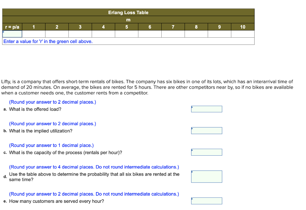 Erlang Loss Table m r=pla 1 2 3 4 5 6 7 8 g 10