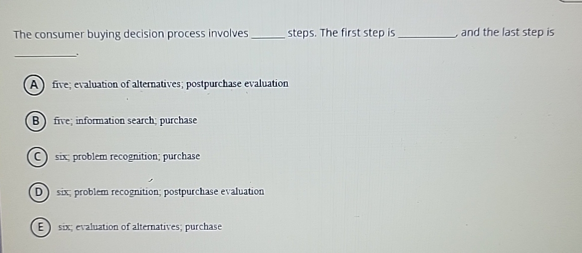 The consumer buying decision process involves q ,