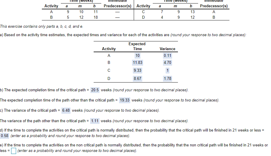 Please answer e weeks) m b weeks) m b a Activity