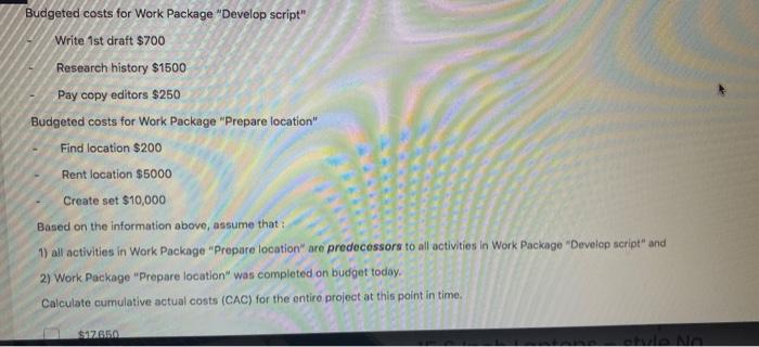 Budgeted costs for Work Package "Develop script"