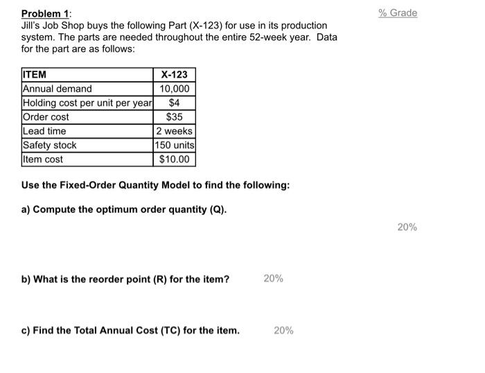 i want answer for b and c % Grade Problem 1: