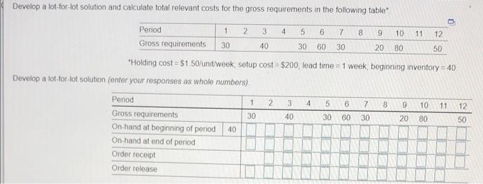 Develop a lot-for-lot solution and calculate