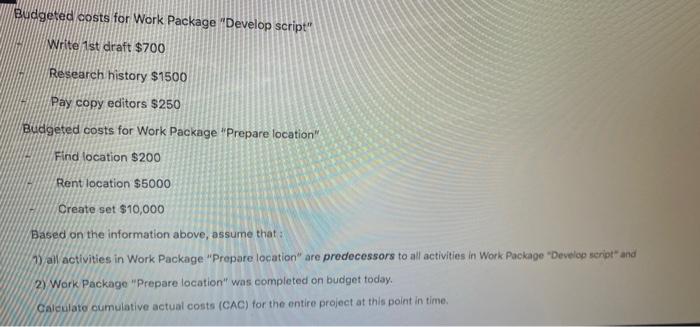 Budgeted costs for Work Package "Develop script