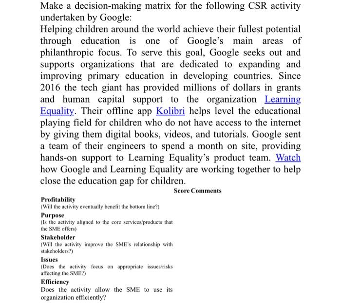 Make a decision-making matrix for the following