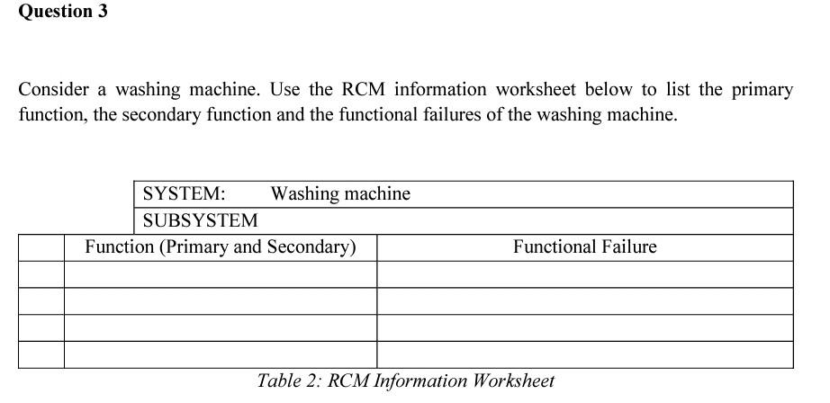 Question 3 Consider a washing machine. Use the