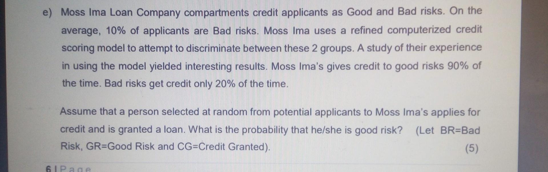 e) Moss Ima Loan Company compartments credit