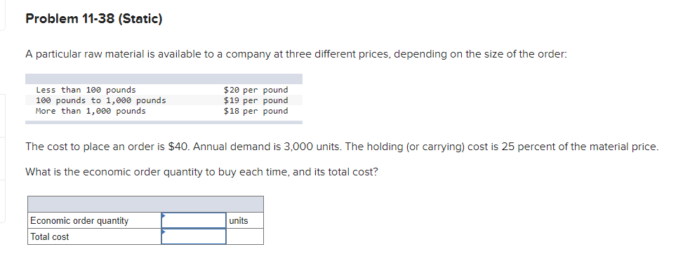 Problem 11-38 (Static) A particular raw material