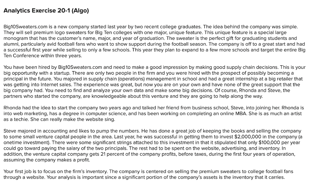 Analytics Exercise 20-1 (Algo) Big10Sweaters.com