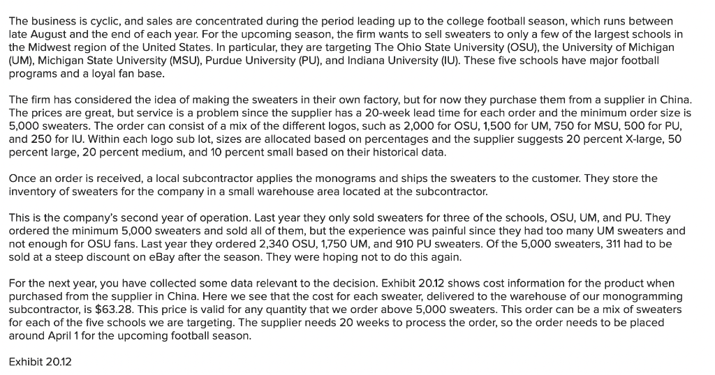 Analytics Exercise 20-1 (Algo) Big10Sweaters.com