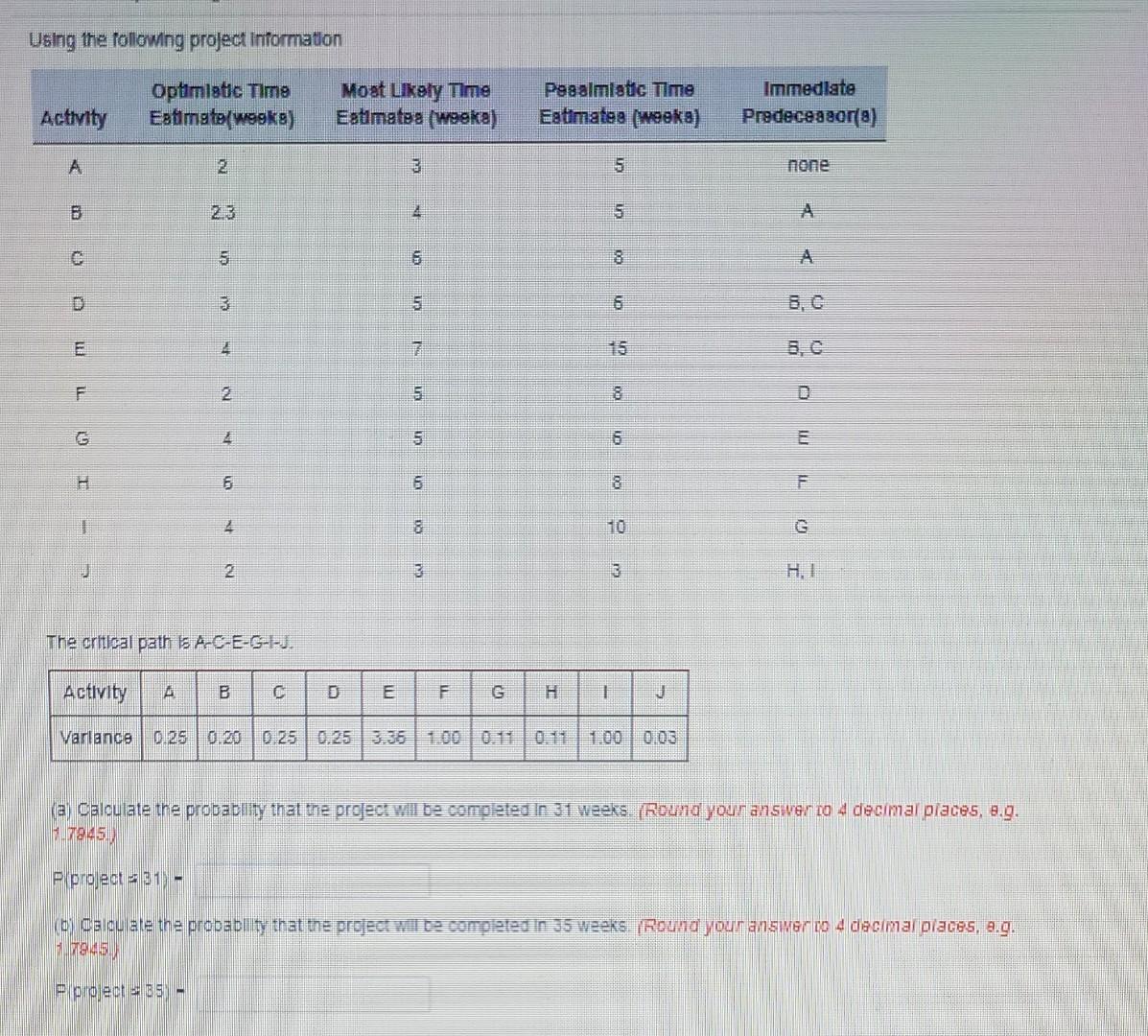 Using the following project Information