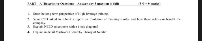 PART-A (Descriptive Questions - Answer any 3