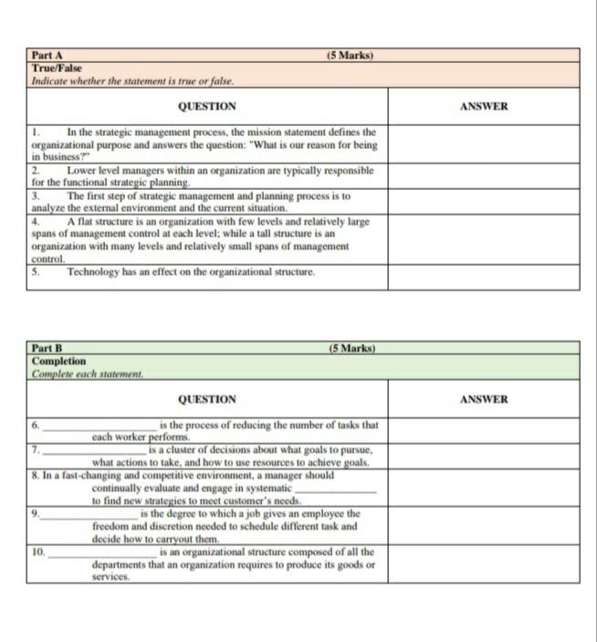 ANSWER Part A (5 Marks) True/False Indicate
