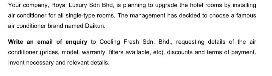 Your company, Royal Luxury Sdn Bhd, is planning