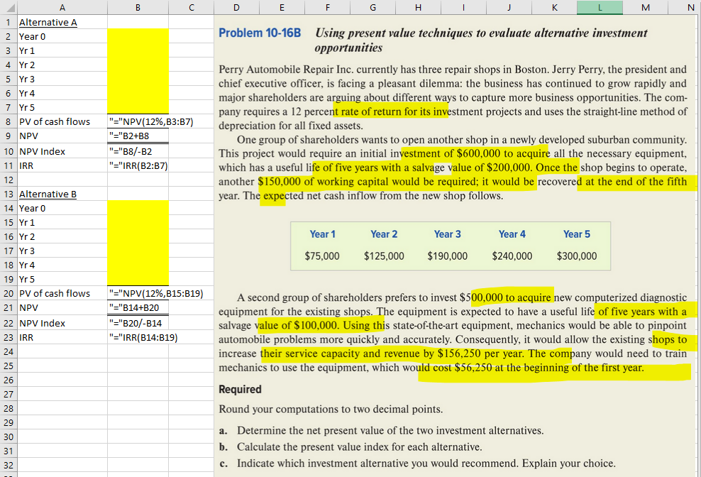 The instructor set up an excel spreadsheet to