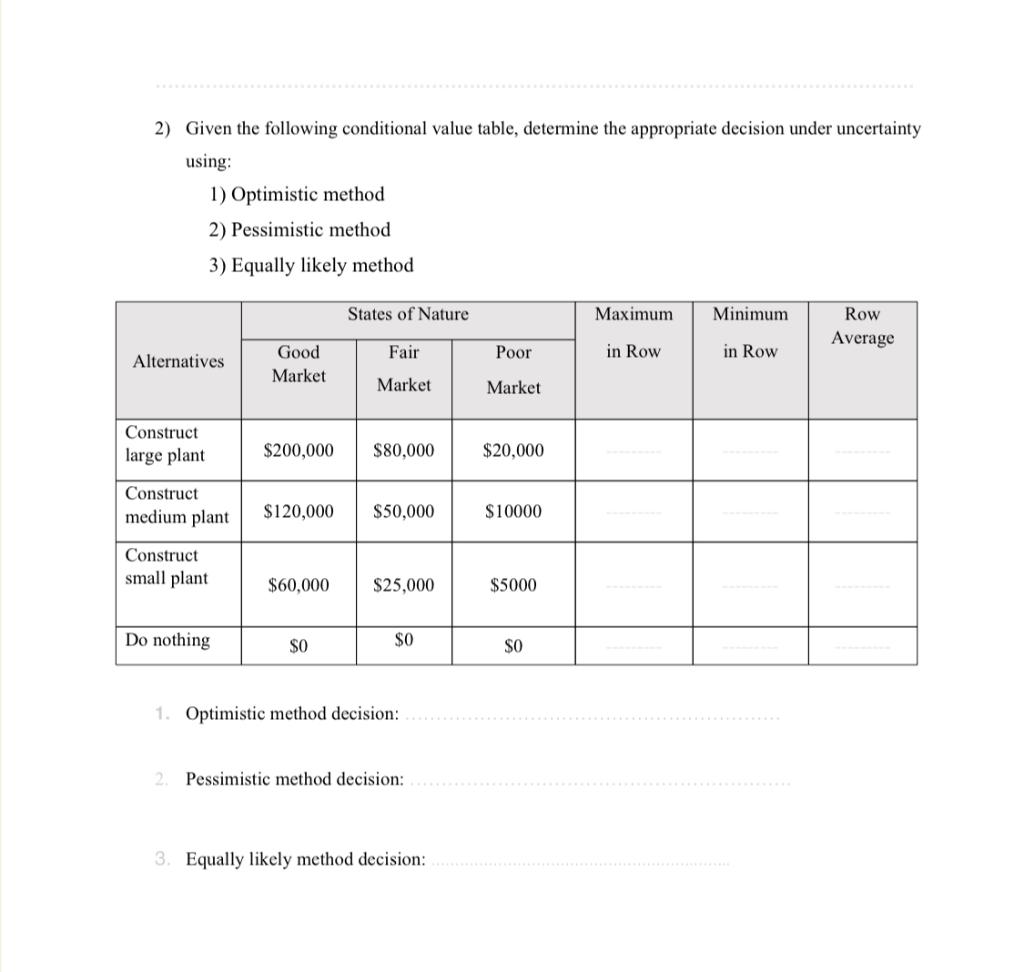 2) Given the following conditional value table,