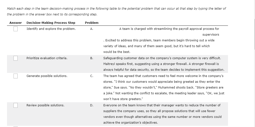 Match each step in the team decision-making