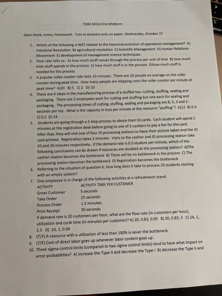 TOM 3010 First Midterm ption Open book, notes,