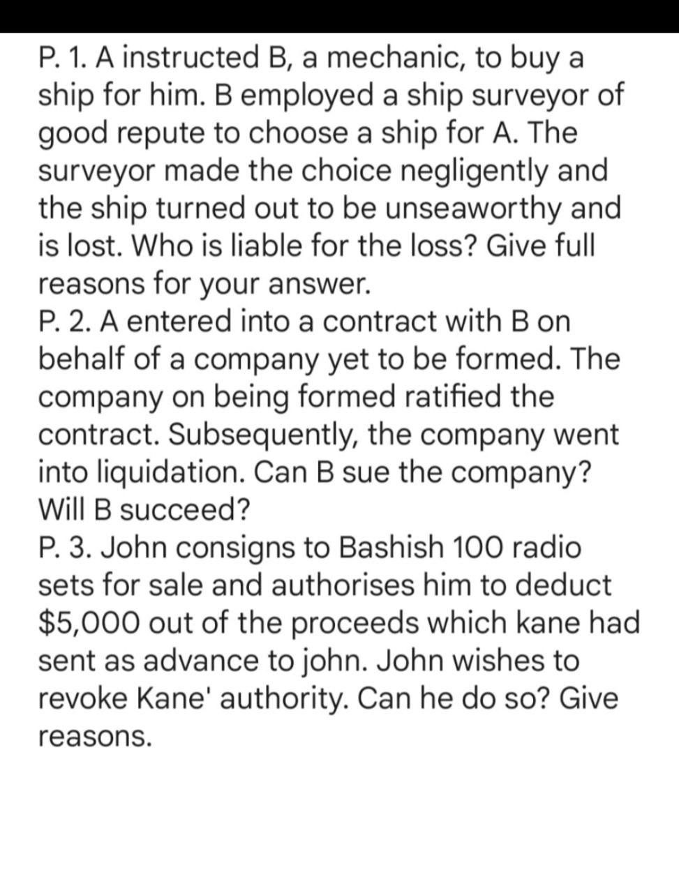 Help me. P. 1. A instructed B, a mechanic, to buy