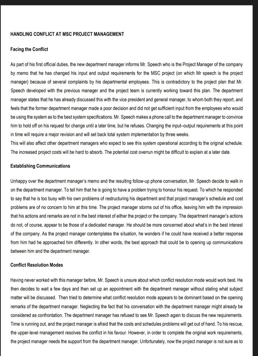 project management HANDLING CONFLICT AT MSC