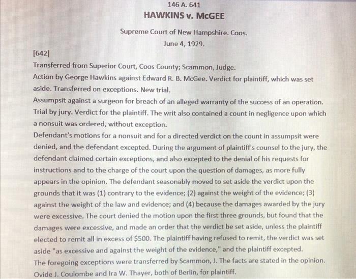 case study ( Business law) 146 A. 641 HAWKINS v.