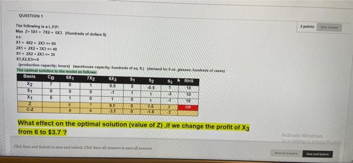 2 points QUESTION 1 The following is a LPP Max