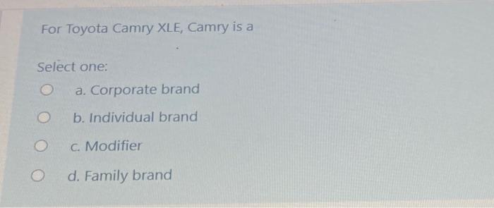 For Toyota Camry XLE, Camry is a Select one: a.