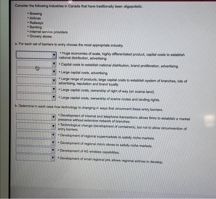 Consider the following industries in Canada that