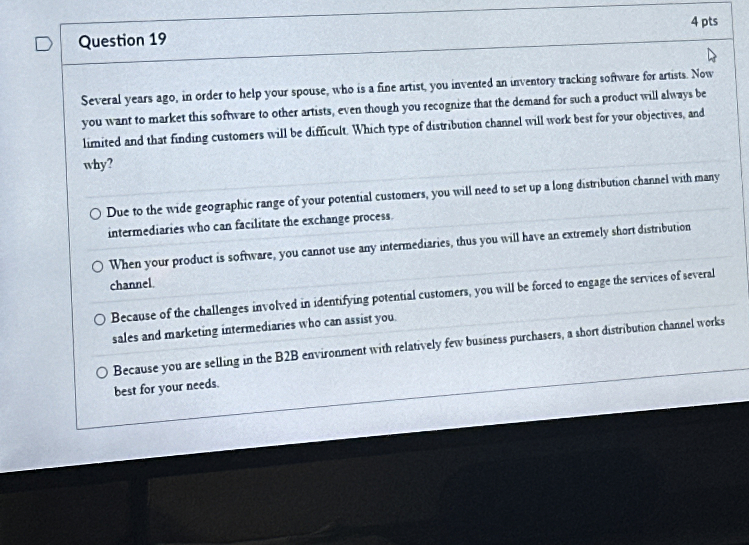 Question 1 9 4 pts Several years ago, in order to
