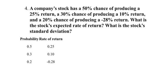 4. A company's stock has a 50% chance of