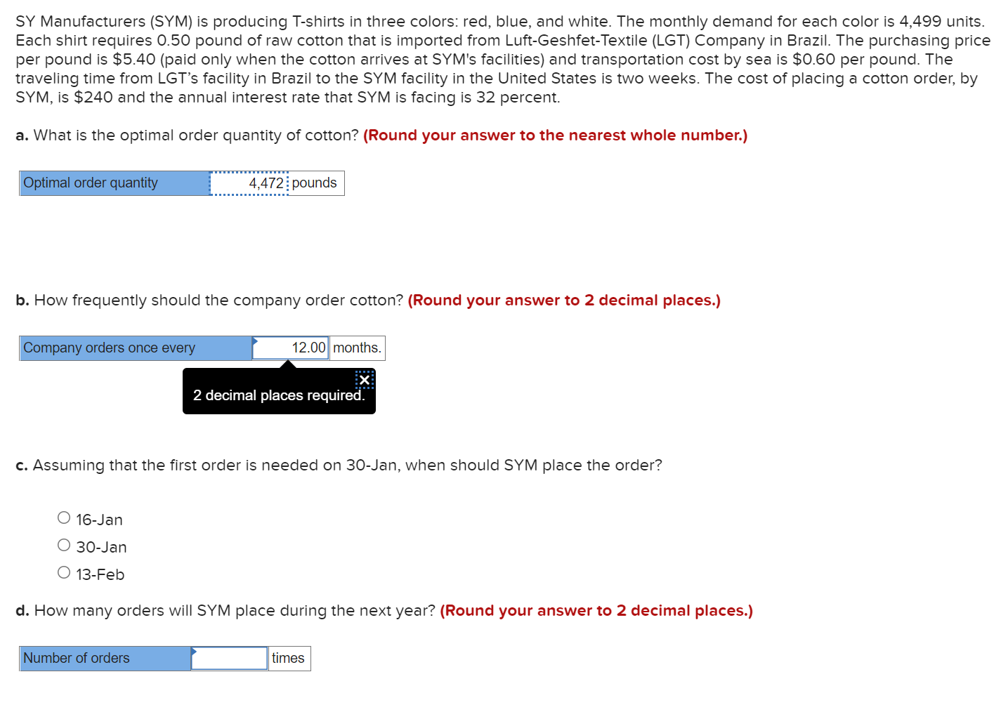 SY Manufacturers (SYM) is producing T-shirts in