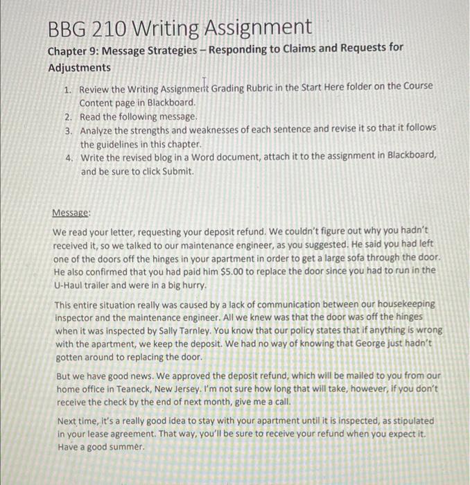 BBG 210 Writing Assignment Chapter 9: Message