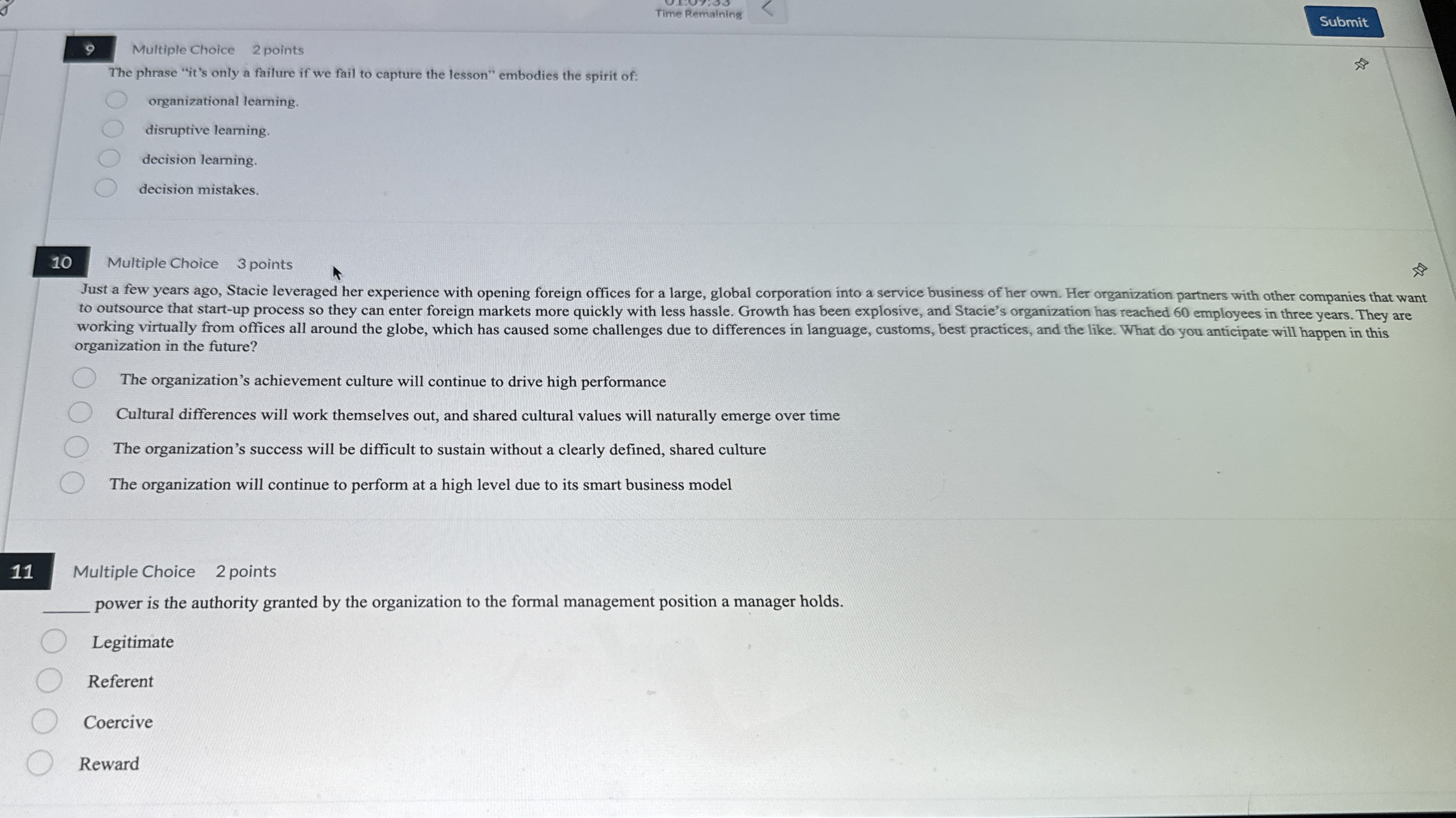 Time Remaining 9 Multiple Choice 2 points The