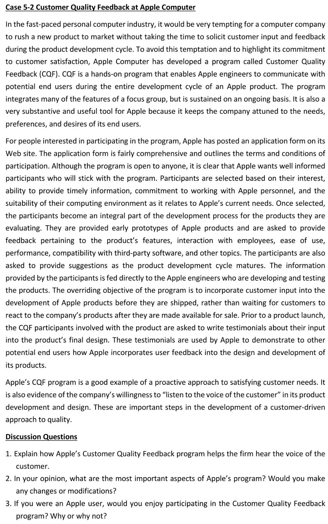 Case 5-2 Customer Quality Feedback at Apple
