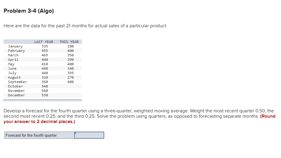 Problem 3-4 (Algo) Here are the data for the past