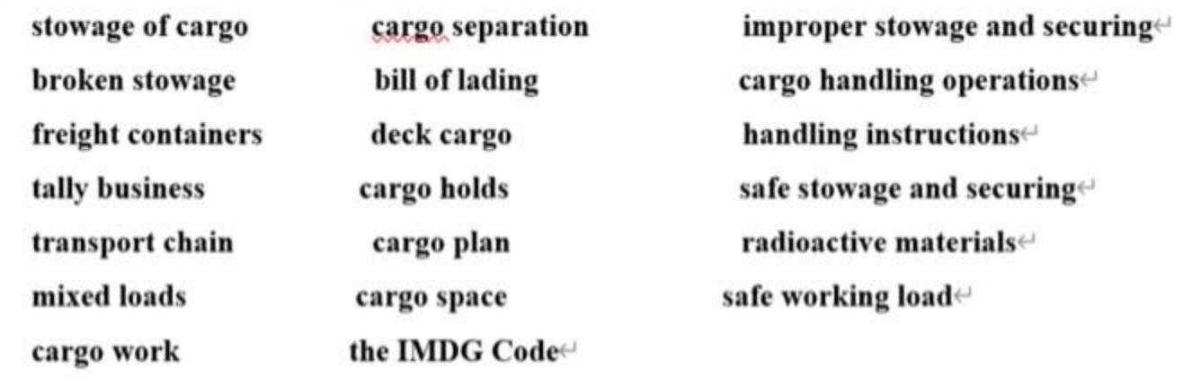 Using these terms fill in the blanks cargo
