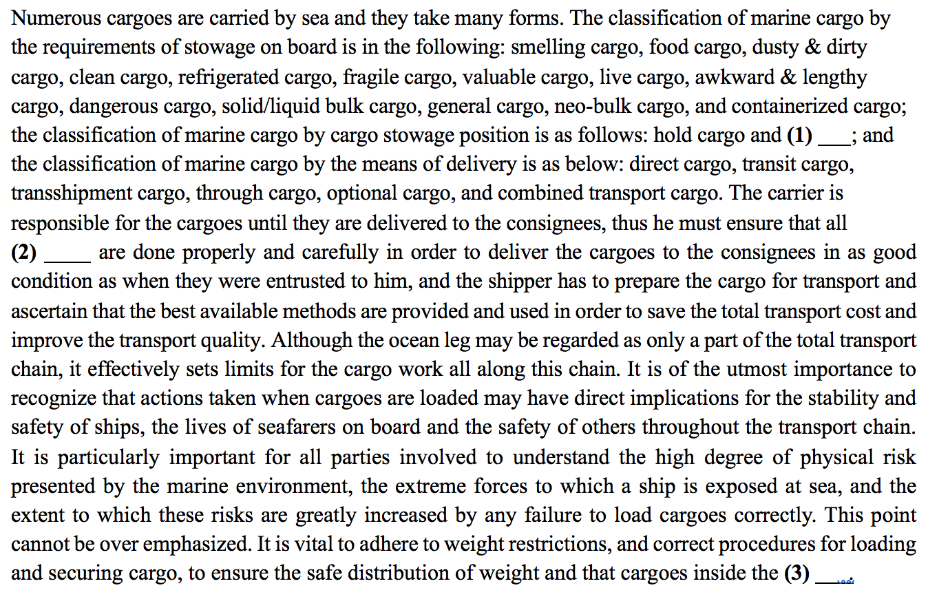 Using these terms fill in the blanks cargo